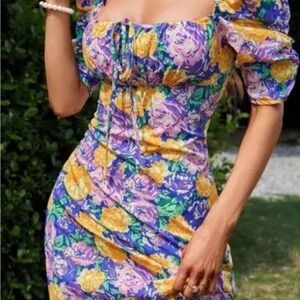Sunday Up Floral Print Puff Sleeve Square Neck Tie Front Midi Dress Women M